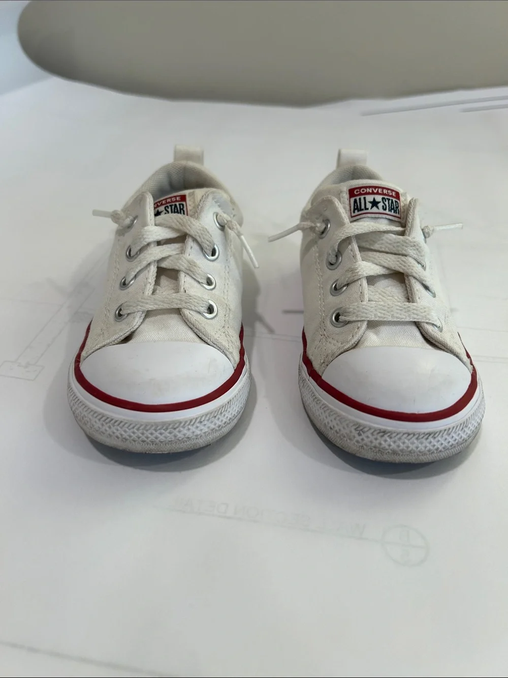 Converse Kids Low Top Canvas Sneakers in White and Red Trim